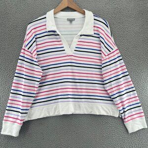 T By Talbots Top Womens Extra Large White Multi Striped Long Sleeve Collared V